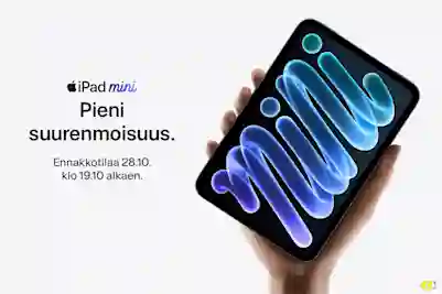 iPad mini kädessä sinisillä abstrakteilla kuvioilla näytöllä. Teksti: Pieni suurenmoisuus. Ennakkotilaa 28.10. klo 19.10 alkaen.