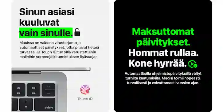 Mac-tangentbord med Touch ID-sensor och text om automatiska programuppdateringar och säkerhet.
