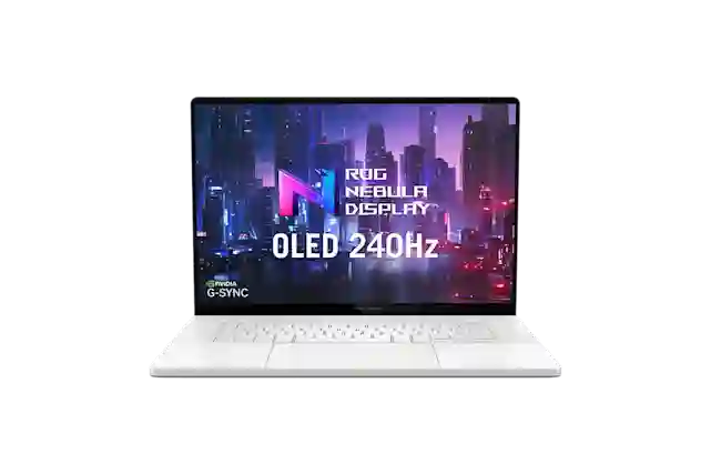Valkoinen Asus ROG Zephyrus G16 -slim gaming kannettava, jonka näytössä futuristinen kaupunkimaisema ja teksti ROG Nebula Display OLED 240Hz.