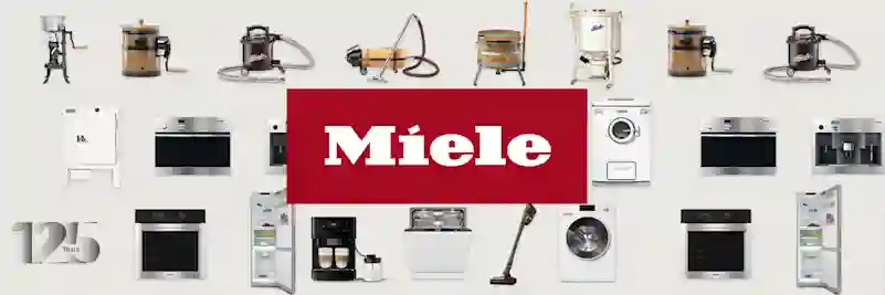 Miele-logo ja taustalla 125:ltä vuodelta kodinkoneita.