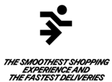 Text: "Smidigaste shoppingen och de snabbaste leveranserna". Ovanför logotypen med den springande mannen.