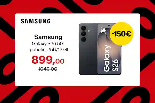 Samsung Galaxy S26 5G -puhelin, 256/12 Gt, hintaan 899,00 euroa. 150 euron alennus.