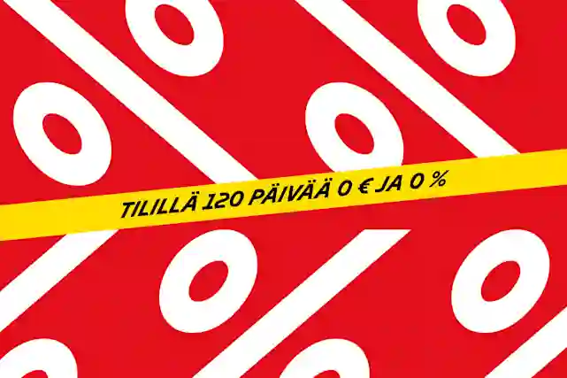 Isoja valkoisija prosentti-logoja. Päällä keltainen nauha, jossa teksti:"Tilillä 120 päivää 0 € ja 0 %".