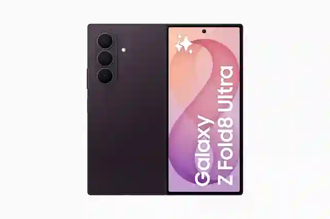 Dark purple Samsung Galaxy Z Fold8 Ultra foldable smartphone with three rear cameras and a pink display.