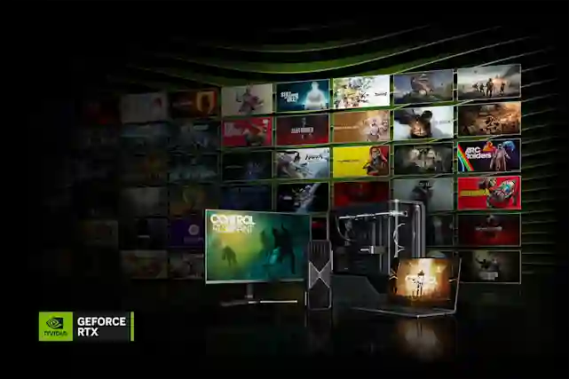 Pöytätietokone ja peliläppäri pelikirjaston edessä. Nvidia GeForce RTX.