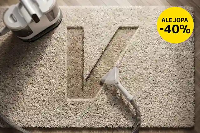 Mattopesuri puhdistaa beigen maton, jossa näkyy Verkkokauppa.com V-logo. Ale jopa -40%.
