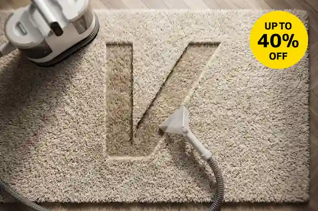 A carpet cleaner cleans a beige rug with the Verkkokauppa.com V-logo visible. Sale up to -40%.
