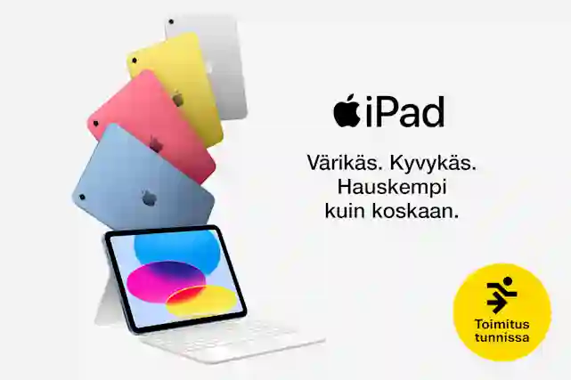 Apple iPad. Värikäs, kyvykäs ja hauskempi kuin koskaan. Tekstien vieressä kuva, jossa tabletin eri värivaihtoehdot(hopea, keltainen, punainen ja sininen) on asetettu lomittain takakansi eteenpäin, ja edessä yksi malli näyttö eteenpäin. Toimitus tunnissa!