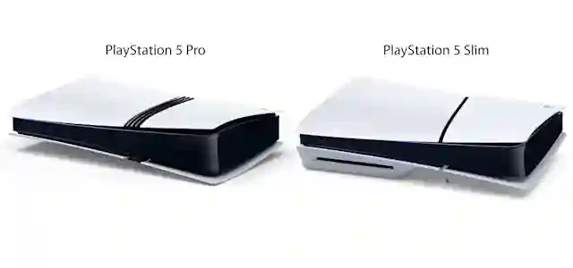 PlayStation 5 Pro (PS5) pelikonsoli ja PlayStation 5 Slim (PS5) pelikonsoli.