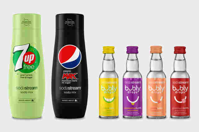 Sodastream makuja: 7-UP free, Pepsi max ja neljä erilaista Bubly Drops makua.
