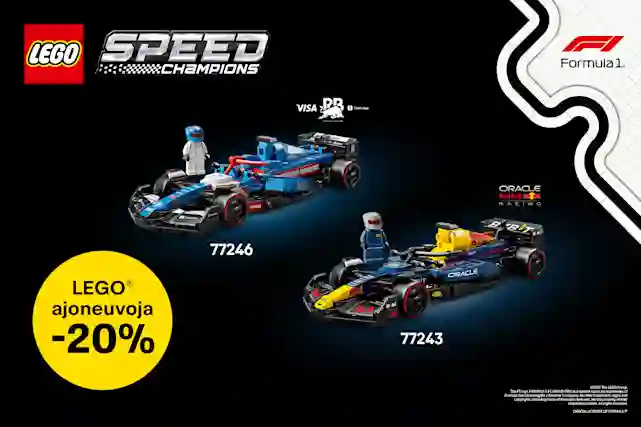 Lego Spped champions Formula F1. LEGO ajoneuvot -20%. Tekstien lomassa kuvat kahdesta LEGOn formula-autosta.