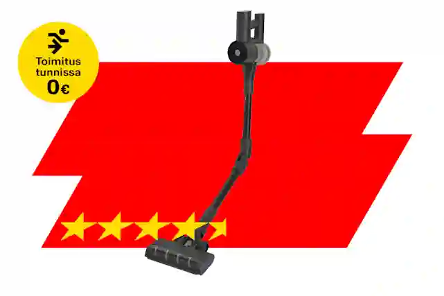 Ströme PowerClean Flexmate stick vacuum on a red background. On the left, a yellow attention badge reading 'Delivery in under an hour 0 €'. At the bottom, a star rating showing four and a half yellow stars.