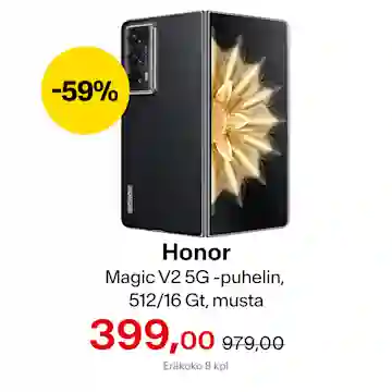 Honor Magic V2 5G -puhelin 399,00 € (norm. 979,00 €). Eräkoko 8 kpl. Vain Helsingin myymälästä superlauantaina.