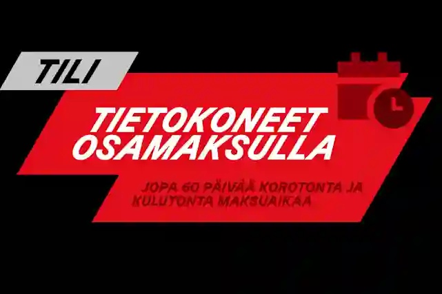 Punainen laatikko, jossa lukee:"Tietokoneet osamaksulla. Jopa 60 päivää korotonta ja kulutonta maksuaikaa". Vieressä kalenteri kuvake, sekä Tili-logo vieressä.
