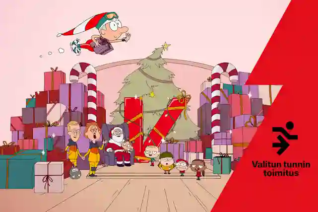 Joulupukki nojatuolissa lapsi sylissään. Lisää lapsia odottaa vuoroaan jonossa. Huone on suuri, ja siellä on näyttävä joulukuusi, jonka edessä on suuri punainen Verkkokauppa.comin V-logo. Huoneessa on palojn lahjapaketteja. Toimitus valittuna tuntina