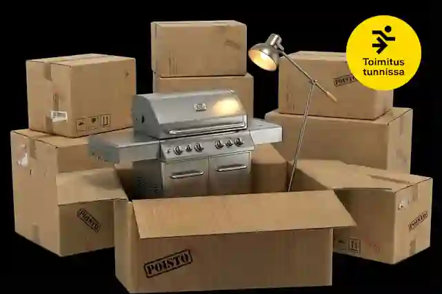 Kuvassa paljon pahvilaatikoita ja etuosan pahvilaatikko on auki ja sieltä tulee grilli ja lamppu ulos. Vieressä pallura, jossa teksti:"Toimitus tunnissa". Kuvassa käytetty AI-työkalua.