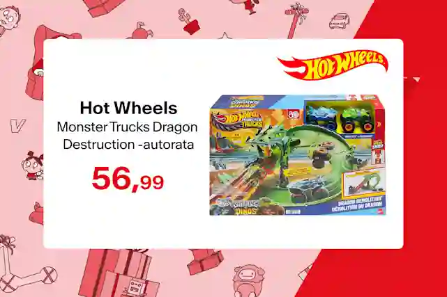 Hot Wheels -autorata ja kaksi autoa. Hot Wheels Monster Trucks Dragon Destruction -autorata hintaan 56,99 euroa.