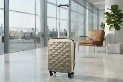 A close-up of a red suitcase at an airport, with only the owner's legs visible standing beside it.