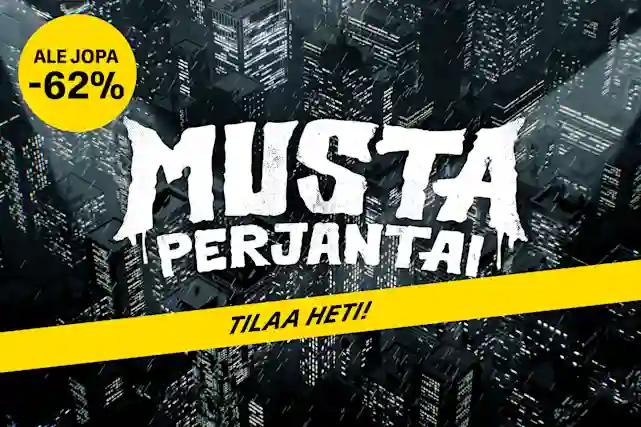 Musta Perjantai -logo. Taustalla kaupunki maisema yöaikana. Keltainen pallura, jossa teksti:"alennus jopa -62%" ja keltainen ribbon kuvan alaosassa jossa lukee:"Pimeen nopea toimitus!". Q4 2025 Page Hero Asset