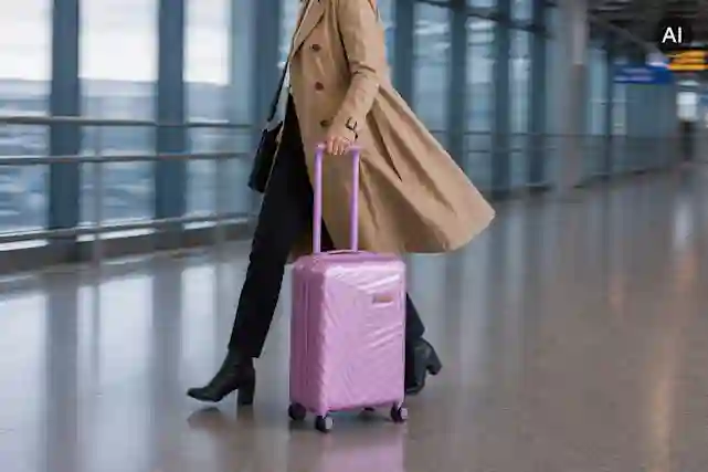 A passenger pulls a pink suitcase through an airport terminal. AI-generated image.