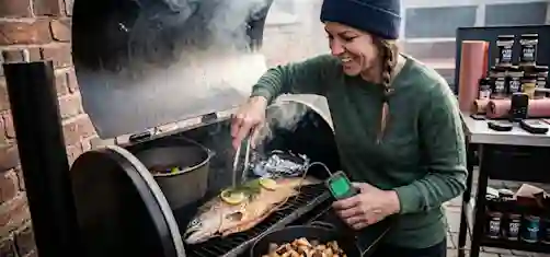 A woman smoking fish.