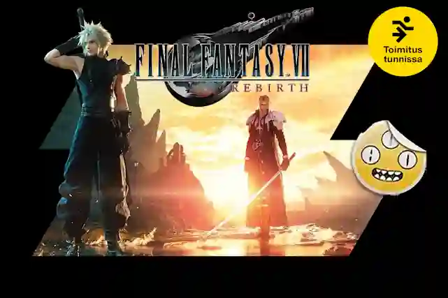 Final Fantasy VII Rebirth -pelin mainosbanneri kahdella hahmolla auringonlaskussa. Toimitus tunnissa.