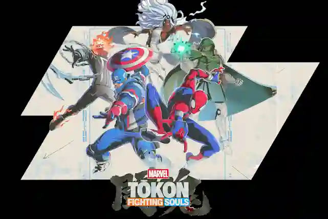Marvel-supersankarit taisteluasennoissa, mukana Captain America, Spider-Man ja muita hahmoja. Marvel Tokon Fighting Souls -logo.