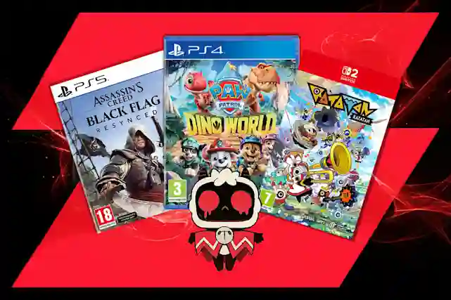 Tre videospel mot röd bakgrund: Assassin's Creed Black Flag för PS5, Paw Patrol Dino World för PS4 och Ratatata för Switch 2.
