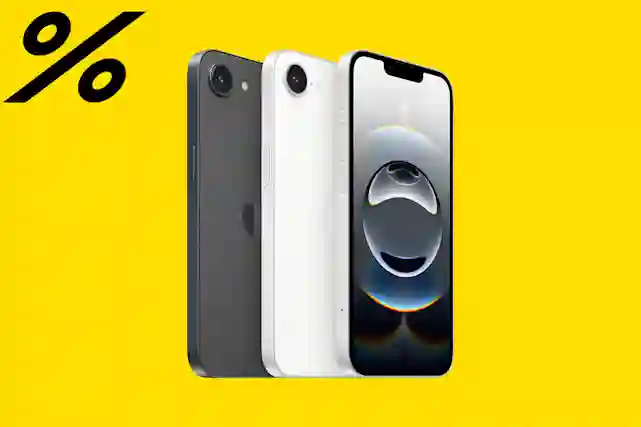 Musta prosentti logo ja vieressä iPhone 16e -puhelimia. Tutustu tarjouksiin!