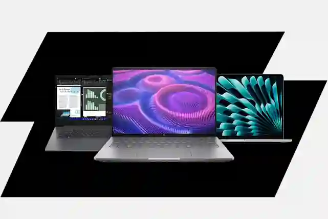 Kolme yrityskannettavaa vierekkäin (HP, Lenovo ja Apple)