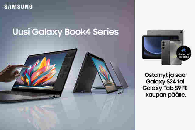 Samsung Galaxy Book4 -sarjan kannettava tietokone. Osta nyt ja saa Galaxy S24 -puhelin tai Galaxy Tab S9 FE -tabletti kaupan päälle.