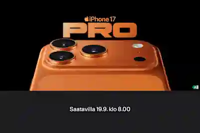 iPhone 17 pro - Saatavilla 19.9. klo 8.00 Kuvassa uusi oranssi iPhone 17 pro puhelin.