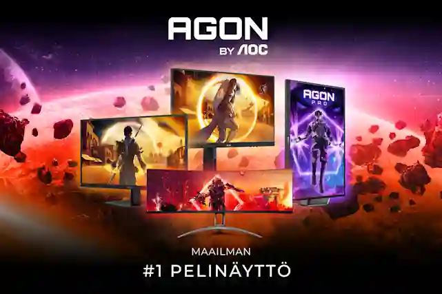 Agon by AOC - maailman numero 1 pelinäyttö. Kuvassa neljä erilaista pelinäyttöä, taustalla kuva avaruudesta.