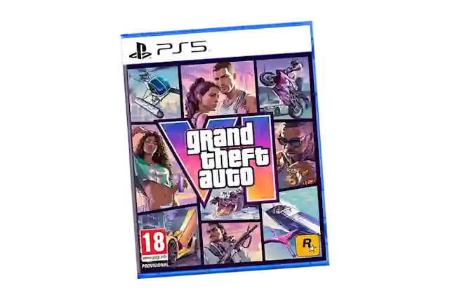 Grand Theft Auto VI PS5 cover art featuring characters and action scenes. Age rating 18.