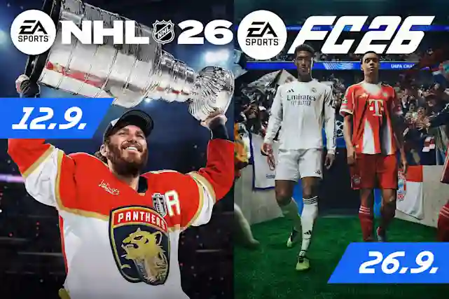 NHL 26 -pelin päälikannessa jääkiekkoilija pitää palkintoa. Vieressä kaksi jalkapallopelaajaa FC 26 -peli päälikannessa kävelemässä kentälle. Ennakkotilaa omasi!