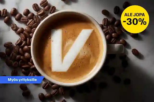 Kahvikuppi ja kahvipapuja. Ale jopa -30%, myös yrityksille.
