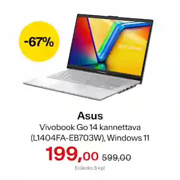 Asus Vivobook Go 14 kannettava nyt hintaan 199,00 € (599,99 €). Eräkoko 5 kpl. Vain Helsingin myymälästä Superlauantaina 18.11.