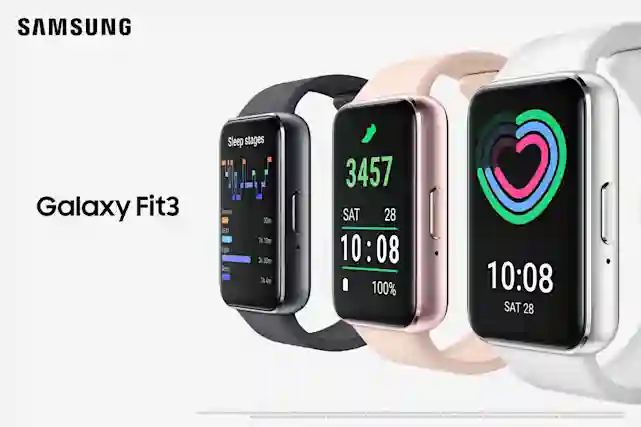 Samsung Galaxy Fit3. Kuvituksena kello kolmessa eri värivaihtoehdossa (musta, pinkki ja hopea).