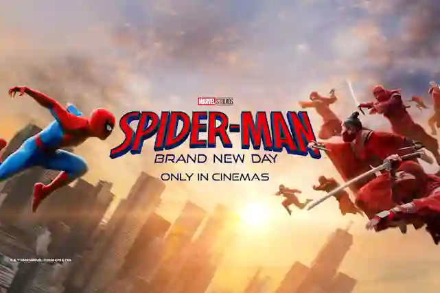 Spider-Man ja muut supersankarit lentävät kaupungin yllä. Marvel Studios Spider-Man: Brand New Day, vain elokuvateattereissa.