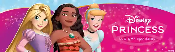 Kuvassa kolme Disney prinsessaa ja teksti:"Disney Princess - luo oma maailmasi."