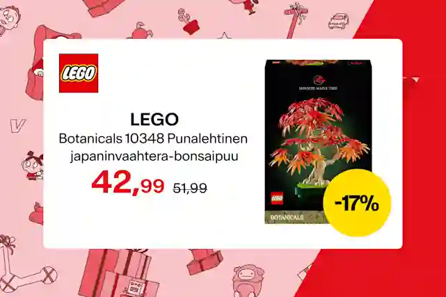 LEGO Botanicals. Punalehtinen japaninvaahtera-bonsaipuu hintaan 42,99 euroa, tavallisesti 51,99. Alennus -17 prosenttia.