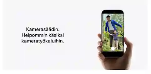 A hand holds a smartphone displaying a photo of a father and child in a garden. Text: Camera Controller. Easier access to camera tools.