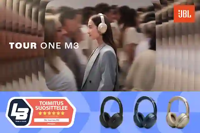 JBL Tour one M3. LB Ääni & kuva suosittelee. 6 tähteä poikkeuksellinen premium laatu. Tekstien taustalla on kuva henkilöstä nämä kuulokkeet päässään.