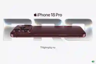 Mörkröd iPhone 18 Pro från sidan med trippellinssystem. Tillgänglig nu.