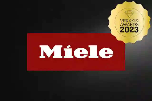 Miele-logo jonka vieressä Verkkis Awards 2023 Palkintotarra.