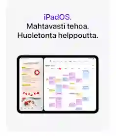 iPad näyttää iPadOS-käyttöliittymää, jossa näkyy muistiinpanosovellus ja värikäs kalenterinäkymä vierekkäin. Teksti iPadOS. Mahtavasti tehoa. Huoletonta helppoutta.