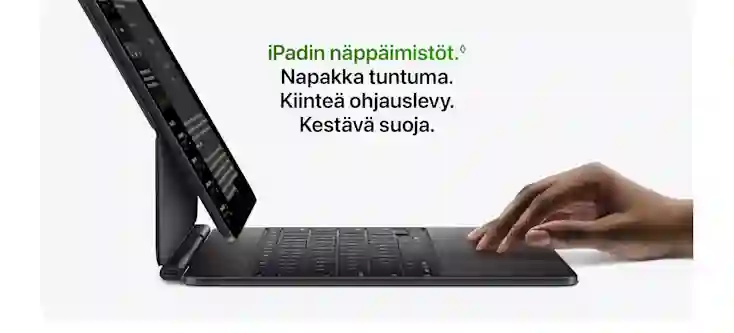 iPad with keyboard and hand on trackpad. Text: iPad keyboards. Responsive feel. Integrated trackpad. Durable protection.