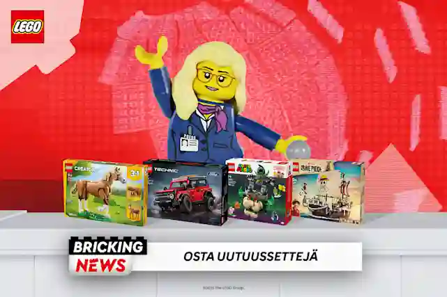 LEGO BRICKING NEWS! Osta uutuussettejä! Tekstien yläpuolella kuva LEGO uutisankkurista, joka esittelee uutispöydällä olevia uutuuksia.