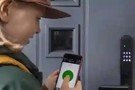 A woman opens a door using a smartphone app, with a digital door lock visible on the door.