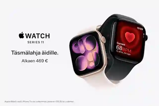 Kaksi Apple Watch Series 11 ‑älykelloa vierekkäin vaalealla taustalla; vasemmalla näkyy teksti ”Apple Watch Series 11”, ”Täsmälahja äidille” ja ”Alkaen 469 €”.